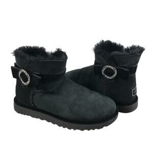 UGG Karlie Brooch Suede Bootie With Swarovski Crystals Sz 8 Black Feminine Comfy